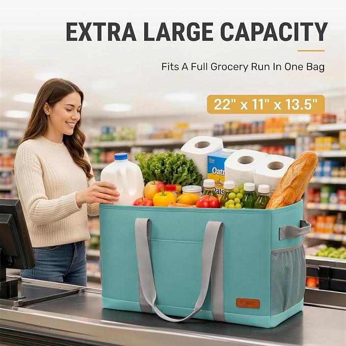 WONDAY X-Large Utility Tote Bag, Standing Reusable Grocery Bag | 22x11x13.5in, 50L capacity, holds 100lbs, collapsible, fabric with leather bottom, for beach travel storage - Image 5