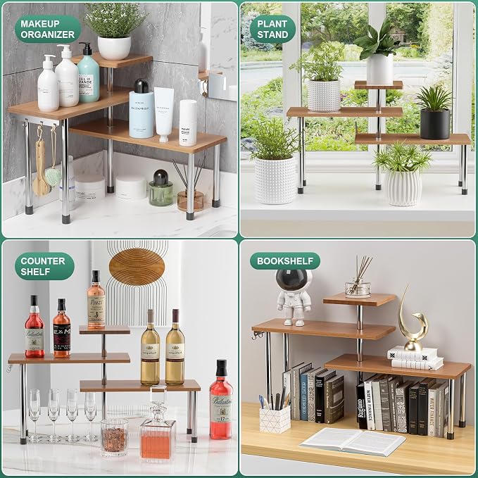 ZHWS Bathroom Counter Organizer Corner Countertop Shelf Adjustable 3 Tier Corner Shelf Kitchen Counter Organizer with 4 Metal Hooks for Bathroom Counter, Makeups, Dresser Table, Over Sink - Image 7