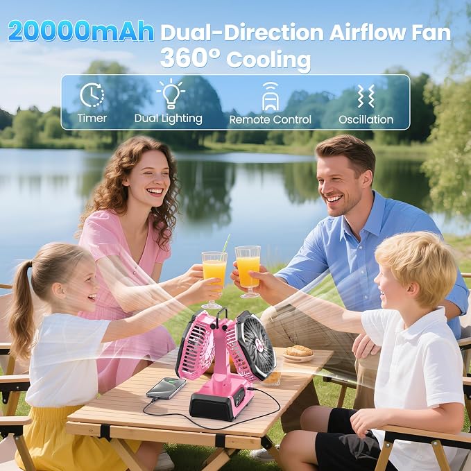 Dual Head Portable Rechargeable Fan 20000mAh Battery Powered Camping Fan Cordless with LED Lantern & Remote, Auto Oscillation, Hook, Battery Operated for Tent Office Travel Picnic Jobsite Pink - Image 2