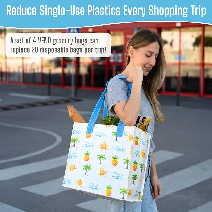 VENO 4 Pack Large Grocery Bag Reusable Shopping Bags with Hard Bottom | Utility Tote w/ Reinforced Handles, Heavy Duty, Foldable, Stand Upright, for Groceries Shopping Cart(Tropical Island, 4 Pack) - Image 7