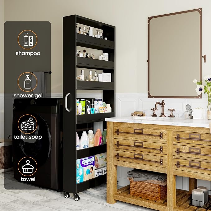 Slim Storage Cart, Lightweight 6 Tier Metal Rolling Utility Kitchen Cart on Wheels, Mobile Storage Shelving Unit Organizer for Bathroom Laundry Office Narrow Places (Black, 6" D) - Image 8