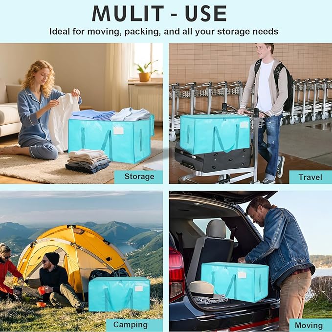 4 Pack-Extra Large Heavy Duty Moving Bags - Waterproof Storage Totes with Handles & Zippers, Foldable for College Dorm, Storage (lake blue) - Image 7