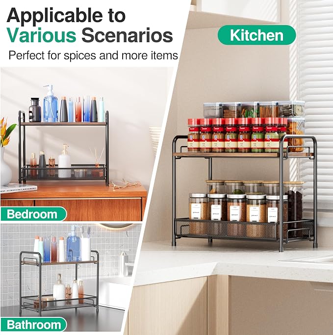 Spice Rack Organizer for Countertop with Wood Top, 2-Tier Foldable Metal Rust-Proof Standing Large Seasoning Storage Shelf with Guardrail & Mesh Design for Kitchen Cabinet Living Room, Black - Image 6