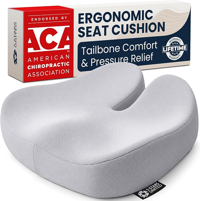 5 STARS UNITED Seat Cushion - Memory Foam Chair Cushion for Tailbone Pain Relief - Ergonomic Support for Coccyx, Sciatica & Butt - Office, Desk & Gaming Chair, Car Seat, Wheelchair, Light Gray Mesh by 5STARSUNITED