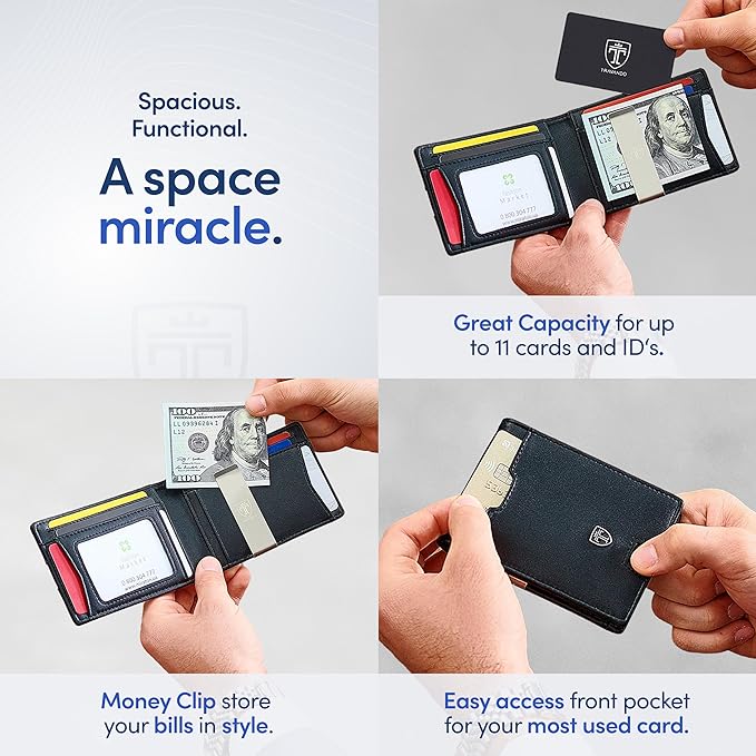 TRAVANDO Money Clip Wallet - RFID Protected Leather Wallet for Men for 11 Cards - including Gift Box (Dark Black) - Image 3