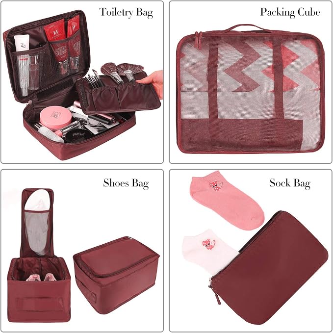 BAGAIL 8 Set Packing Cubes Luggage Packing Organizers for Travel Accessories-Wine Red - Image 3