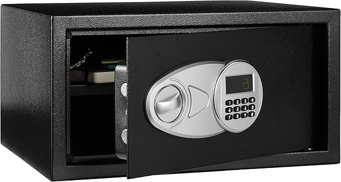 Amazon Basics Steel Security Safe Box with Digital Keypad, for Valuables, Cash, Jewelry, Documents, Removable Shelf, Black, 1 Cubic Foot, 16.9"x14.6"x9.1" (WxDxH) by AmazonBasics