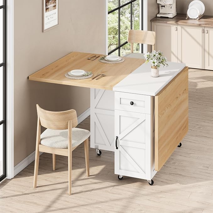 Jocoevol Folding Dining Table for Small Spaces, Foldable Kitchen Table with Drawer, 2-Tier Storage Shelf & Wheels, Space Saving Dining Table for 2 4, Farmhouse, (Natural 47.2" x 23.6" x 29.5") - Image 4