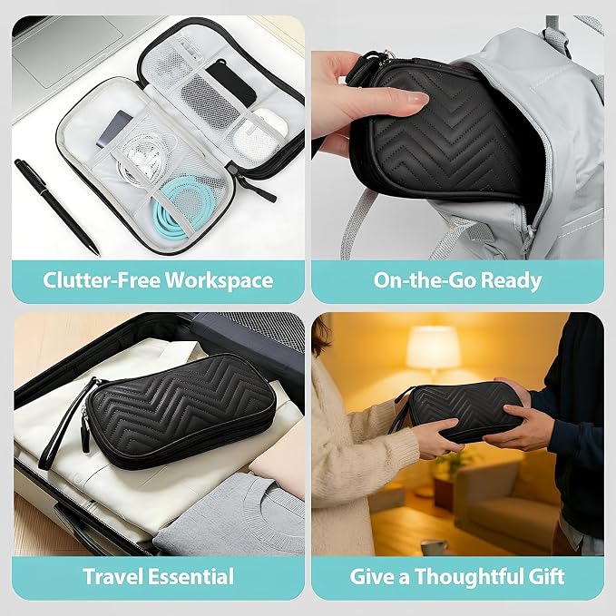 Double Layer PU Leather Electronics Organizer Bag, Midnight Black | Water-resistant pouch with 8 anti-tangle compartments, padded lining and cable ties to protect chargers and 3ft+ cords. - Image 6