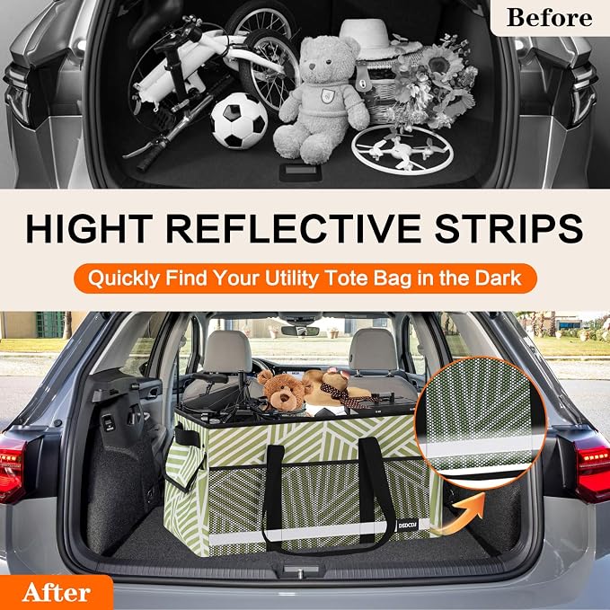 Upgrade Extra Large Utility Tote Bag with Reflective Strip, Standing Reusable Grocery Bags with Hard Bottom, Collapsible Utility Tote with Handles for Shopping, Beach, Picnics, Car, Twill Green - Image 8