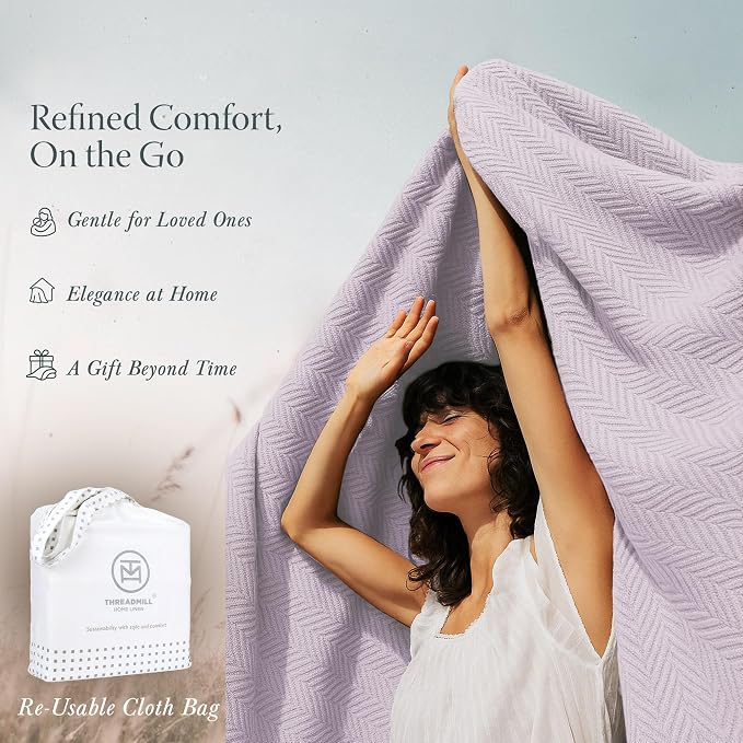 Threadmill Cotton King Blanket, Herringbone, Lilac, All-Season, Breathable | 100% Cotton, Herringbone Pattern, 106x92 in, Breathable, Moisture-Wicking, All-Season, OEKO-TEX Certified, Machine Washable - Image 7