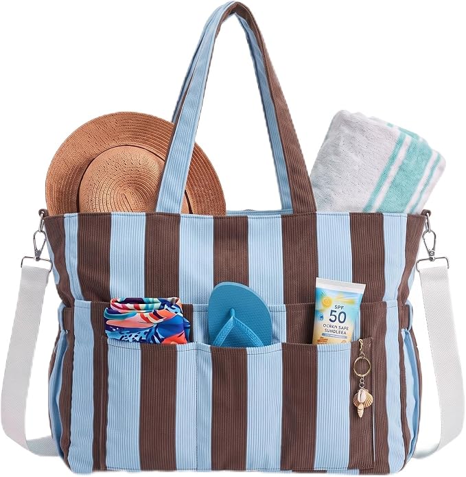 Kacctyen Striped Beach Tote Bag for Women Large Beach Foldable Tote Bag with Zipper Pockets for Travel Pool by Kacctyen