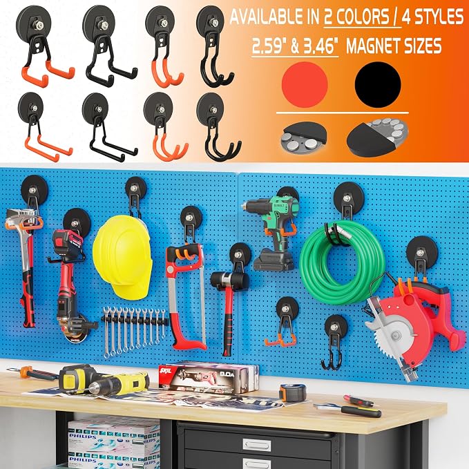 ULIBERMAGNET New Upgraded Garage Magnetic Hooks, 2 Pack Black Heavy Duty Large J Hooks with Magnet, Black Strong Anti-Slip Coating Magnet Hooks for Garden Tools, Ropes,Drill,Metal Cabinet,Pegboard - Image 9