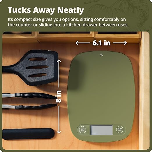 Greater Goods Food Scale, Slim & Compact Build, 1g Precision (Moss Green) | Digital Kitchen Scale for Cooking, Meal Prep & Portion Control, Tare, Auto Shut-Off, g/oz/lb/ml Conversion & Calorie Tracking - Image 8