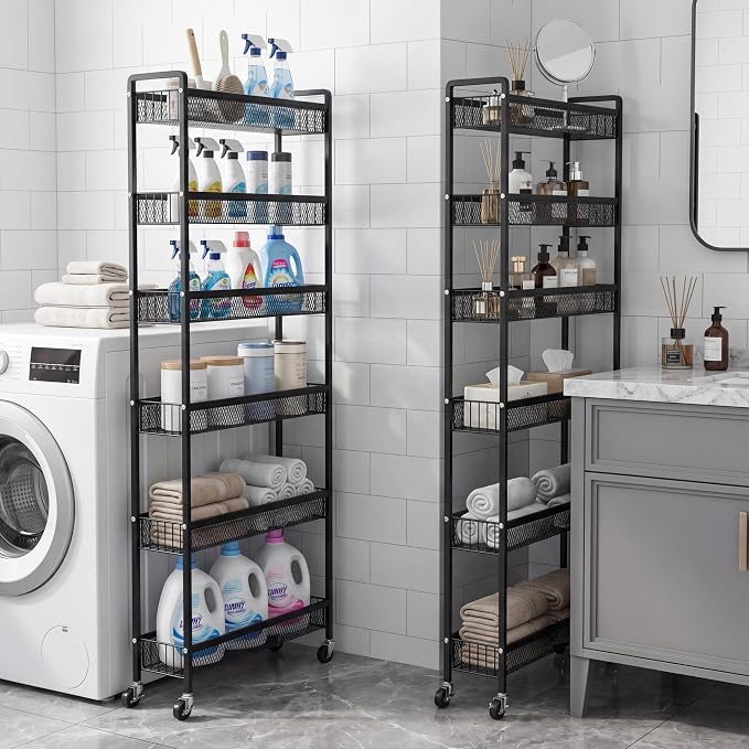 6in 6 Tier Slim Storage Cart with Wheels | Narrow Space Rolling Shelving Unit Organizer for Kitchen, Bathroom, Office - Image 8