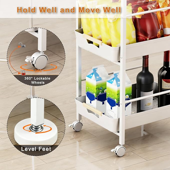 6-Tier Slim Rolling Storage Cart with Wheels, Metal Organizer Tall Rolling Cart, Wood Top Narrow Mobile Utility Cart with Pull-Out Baskets for Kitchen, Bathroom, Laundry Room, 13in(W) White - Image 4