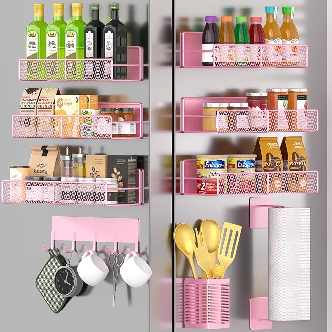 Magnetic Spice Rack for Refrigerator, 10 Pack Metal Magnetic Shelf, Moveable Spice Organizer with Hook Rack, Paper Towel Holder, Kitchenware Holder, Strong Magnetic Storage Fridge Organizer Pink by DTUQYX