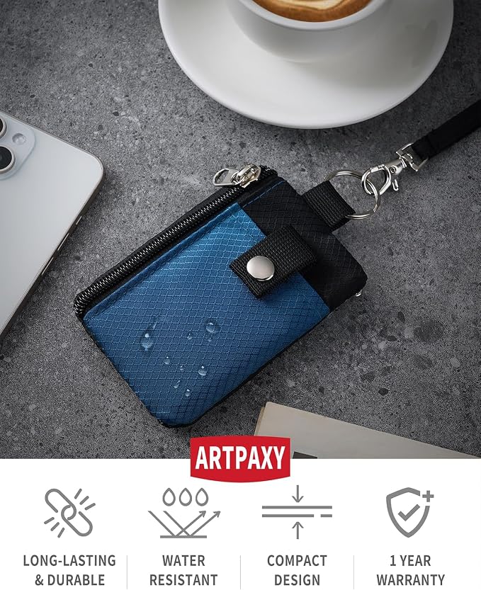 Artpaxy Minimalist Wallet For Mens Womens, Keychain RFID Blocking Zipper Small Wallet with ID Window 2 Lanyards,Water Resistant Travel Cash Card Coin Case Boys Girls - Image 2