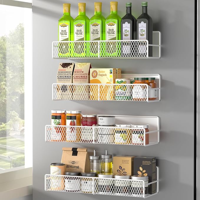 DTUQYX Magnetic Spice Rack for Refrigerator, 4 Pack 100% Metal Strong Magnet Fridge Shelves, Space Saving Spice Organizer, No Drilling Moveable Home Kitchen Laundry Room Storage Organization, White by DTUQYX