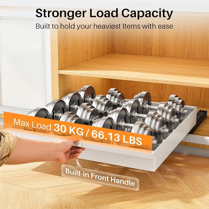 Pull out Cabinet Organizer, 2-Pack Expandable(13.6"-24") Silde out Drawers with Raising Pad for Framed Cabinets, Adjustable Full-Extension Adhesive Roll out Shelves for Kitchen Pantry Home Pot and Pan - Image 4