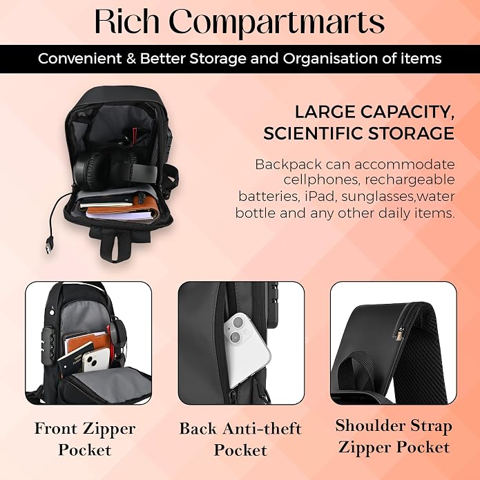 Unisex Anti-Theft Sling Bag with USB Port, Water-Resistant Crossbody Chest Backpack for Travel & Work - Image 7
