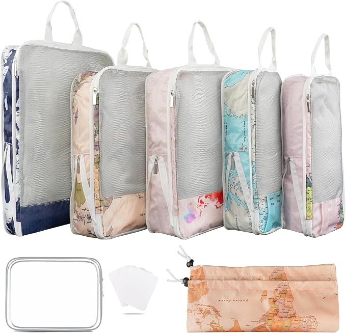 7 Pcs Compression Packing Cubes Travel for Suitcases, Luggage Organizer Washable Storage Bags Set for Backpack Travel- Packaging Cubes for Carry-Ons and Storage by Hitanfe