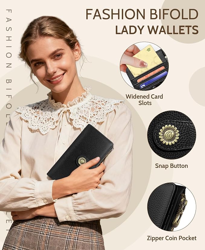 GIANCOMICS Black Womens Wallet RFID Blocking Long Credit Card Holder Bifold | Billfold, Cute Cash Purse, Travel Zipper Coin Pocket, Compact Clutch, PU Leather, ID Window, 11 Card Slots, Ladies Gift Woman - Image 6