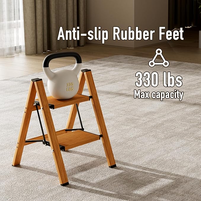Mayi Plus 2 Step Stool Foldable, Aluminum, Lightweight Step Ladder | Extra-wide anti-slip folding steps with 330 lbs, for home,kitchen,office,outdoor,Woodgrain - Image 4
