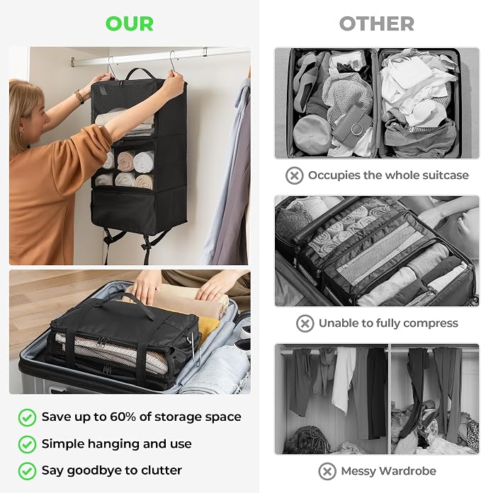 GRANNY SAYS Hanging Packing Cubes for Travel, Large Luggage Bags, Black | Portable Suitcase Organizer, Travel Packing Organizers, Compression Luggage Bags for Clothes, Carry on Closet Suitcase - Image 6
