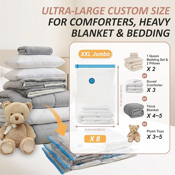 Cozy Essential Vacuum Storage Bags, 80% Compression Vacuum Seal Space Saver Plastic Packaging Bags for Clothes, Blankets, Pillow, Bedding, Comforters, Sealer Clothing Storage,8 XXL Jumbo - Image 3