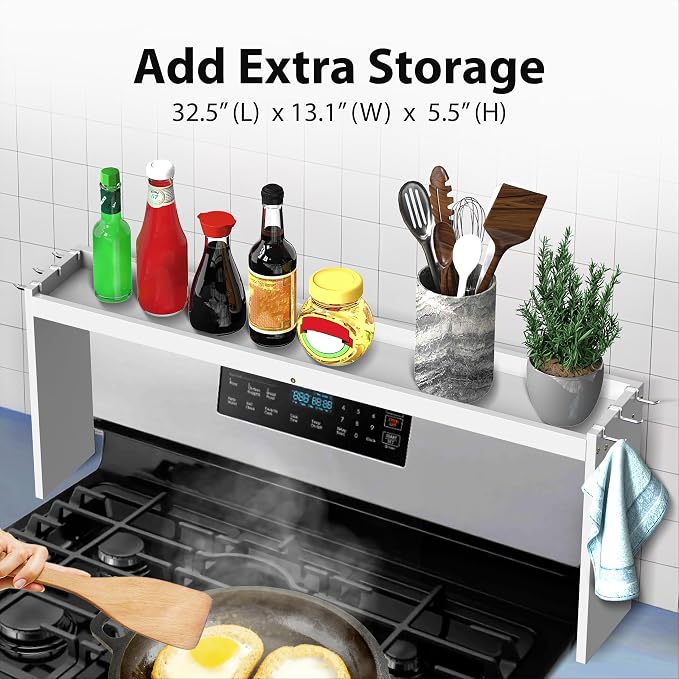 IIIOIIIA Bamboo Over the Stove Spice Shelf for Kitchen, 31.5" Spice Rack Organizer Shelf with 6 hooks, 11.4" Height Extra Storage Countertop, Easy to Assemble, White - Image 2