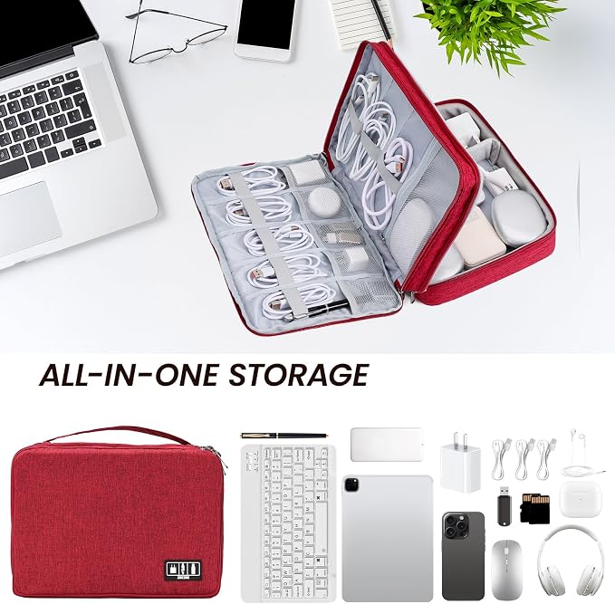 Electronic Organizer Travel Case, Double Layer Cable Organizer Bag | Double-layer design with adjustable dividers, mesh pockets and elastic loops for chargers, cables, power banks and gadgets - Image 6