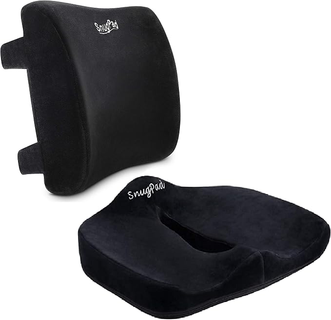 Memory Foam Lumbar Pillow and Seat Cushion Combo, Ergonomic, Orthopedic, Lower Back Support, Premium Washable Velvet Covers with Non-Slip Bottom, Ideal for Office Chairs and Car Seats (Black) by SnugPad