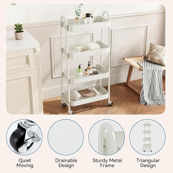 NEWBULIG 4-Tier Metal Rolling Storage Utility Cart with Lockable Wheels | Mobile Organizer Shelf, Space-Saving, Freestanding, Bathroom, Living Room, Slim, Narrow Corner Spaces, White - Image 2