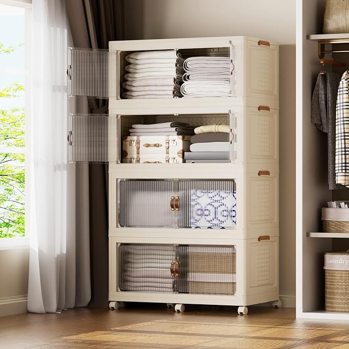 SAILUN 760Qt Stackable Storage Bins,Storage Cabinet with a Lid,4 Pack Cream | Stackable Storage Drawers with Lids,33.5" W x 19" D x 69" H,Featuring open-front Access for Clothes and Closet Storage by SAILUN