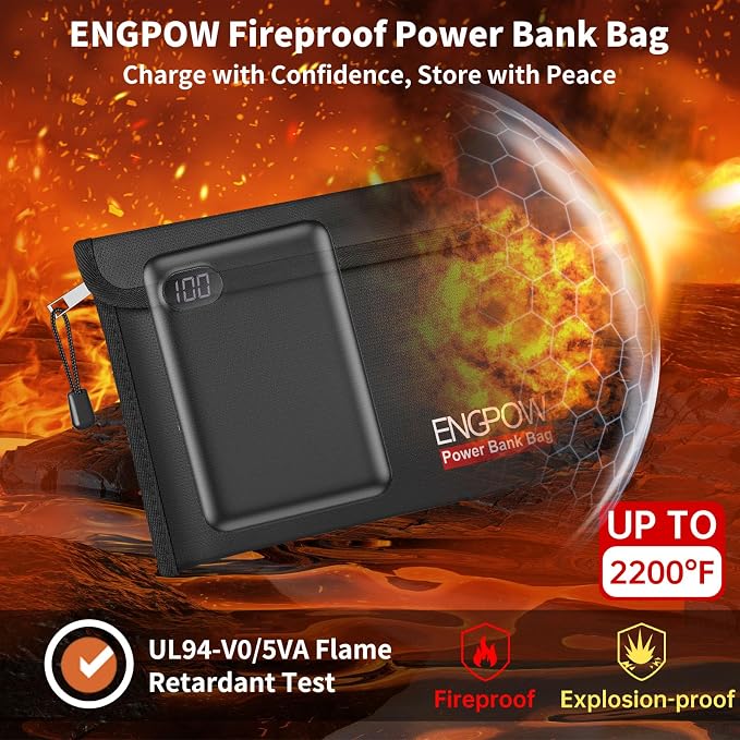 ENGPOW Fireproof Organizer Travel Safe Bag, Portable Electronic Carry Case | Heat Insulated＆Explosion-Proof, Home Travel Storage for Power Bank,Phone,Cables,USB Drive, Charging Protection, 10.6''x6.7'' - Image 2