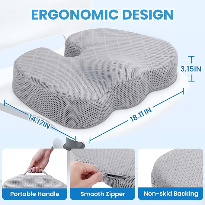 Memory Foam Office Chair Seat Cushion - Light Grey, Large | for Car Seat, Airplane, Desk Chair - Sciatica & Hip & Coccyx Pain Relief Cushion for Long Sitting Office Workers, Car Drivers - Image 2