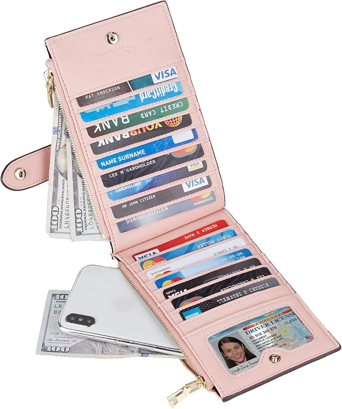 Travelambo Womens Leather Bifold Wallet, Slim RFID Blocking Card Holder | Large Capacity, 16 Card Slots & ID Window, 2 Zipper Pockets, Dual Snap Closure, Slim Lightweight, RFID Privacy Protection - Image 2