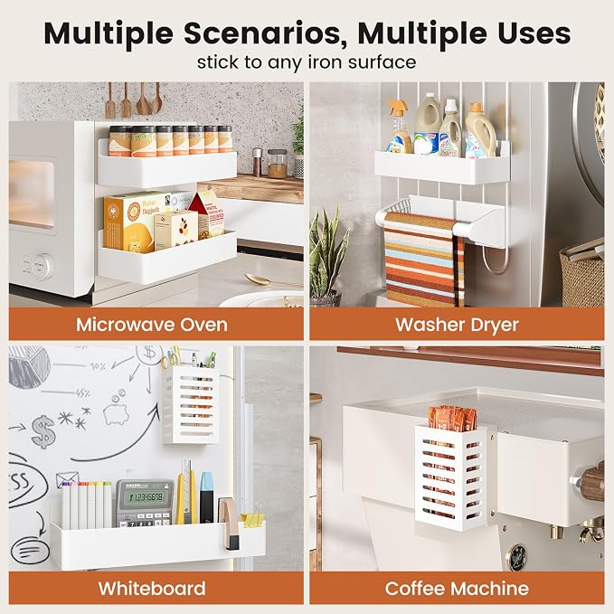 Magnetic Spice Rack for Refrigerator,6 Pack Magnetic Shelf,Fridge Magnet Organizer with Paper Towel Holder,Utensils Racks,Hook Rack,Deepened Basket,Fridge Organizers and Storage White(6 Pack) - Image 6