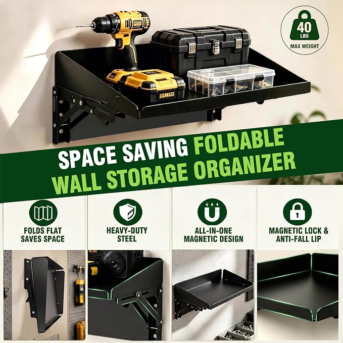 ULIBERMAGNET Magnetic Folding Shelf, 40LBS Heavy Duty Magnetic Mounted Rack for Garage, Workshop, RV,Power Tools,Toolbox,1Set Storage Shelves with Lip for Workshop Kitchen Office - Image 4