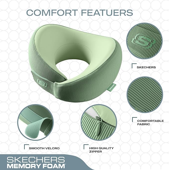 Skechers Women's Memory Foam Neck Pillow, Comfortable & Breathable Travel Pillow,Neck Pillow Airplane for Travel, Car Rides, Home, and Office Use, Ergonomic Design for Men and Women,Green - Image 3