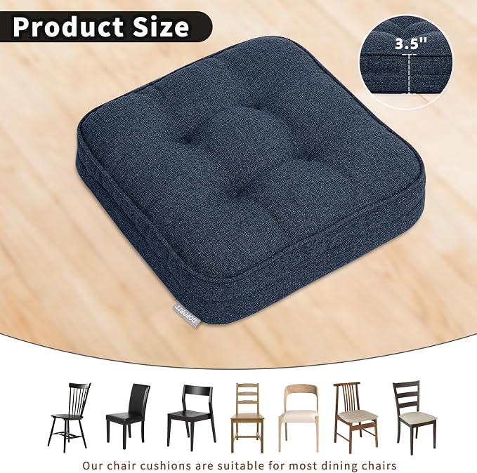 GOFORIT Memory Foam Cushion，Square Seat Cushions for Dining Chairs,Non-Slip Chair Pads with Removable Cover, 16'' x 16'', Dark Blue - Image 3
