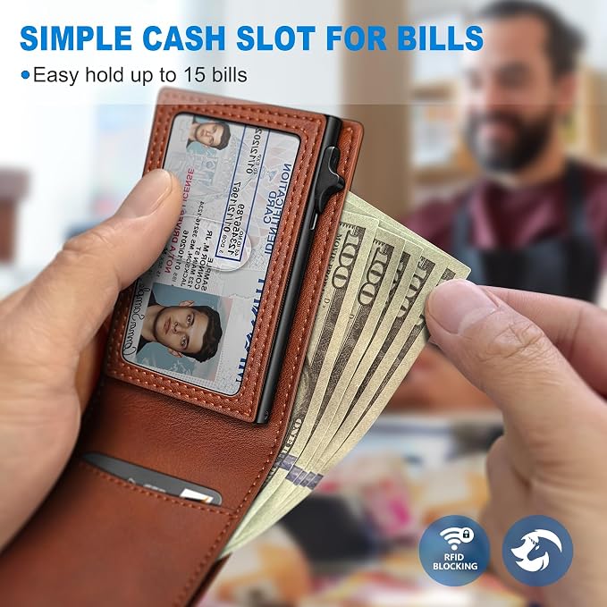 Wallet for Men, Slim Pop Up Card Holder with RFID Blocking, Minimalist Bifold Wallet with 9 Card Slots, ID Window and Cash Pocket, Metal Flip Case with Magnetic Closure, Gift Box - Image 4