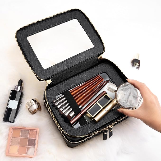Aveniee Clear Makeup Bags,Double Layer Cosmetic Bags with Separate Brush Compartment,Large Travel Toiletry Bag Cosmetic Case,Travel Accessories Organizer for Women,2 Layers,Black - Image 3