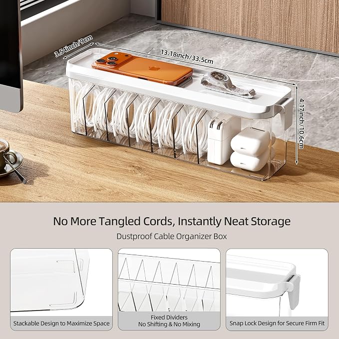 2 Pack Cable Organizer Box with Lid, Charge Cord Storage Organizer | Stackable Cable Storage Box, Fixed Dividers, No Cable Ties, Clear Dustproof Wire Management for Home Office Electronics - Image 3