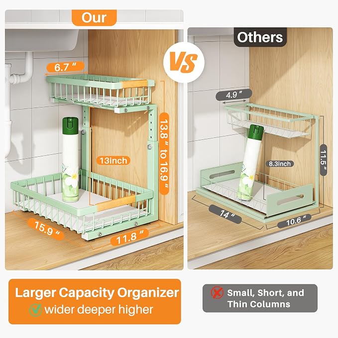 PXRACK Under Sink Organizer, Adjustable Height, 2 Tier Pull Out Under Cabinet Organizer, Slide Out Thickened Metal Under Sink Storage for Kitchen Bathroom Laundry Pantry Cabinet, Green, Large-1-Pack - Image 2