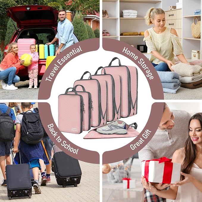 6 Set Compression Packing Cubes, Suitcase Organizer, Lightweight Travel Essentials, Compression Bags For Travel Accessories Luggage Storage Set (6Pcs, Grayish pink) - Image 7