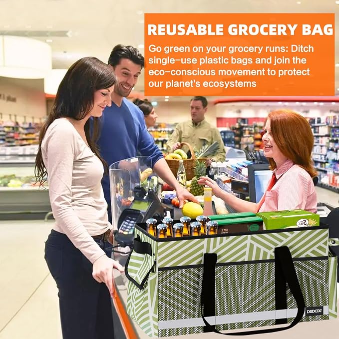 Upgrade Extra Large Utility Tote Bag with Reflective Strip, Standing Reusable Grocery Bags with Hard Bottom, Collapsible Utility Tote with Handles for Shopping, Beach, Picnics, Car, Twill Green - Image 6