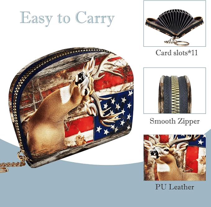 Women's Slim RFID Wallet – Compact Leather Card Holder Wallet for Women, 9 Card Slots RFID Blocking Credit Card Organizer, Small Travel Wallet - American Flag and Deer - Image 4