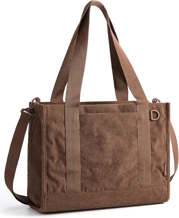BAGSMART Corduroy Tote Bag for Women, Small College Teacher Laptop Handbag | Fits 14 inch Laptop, 40oz Tumbler Holder, Soft Corduroy Bag with Crossbody Strap for Daily, Work, Flight Travel, Hand Wash by BAGSMART